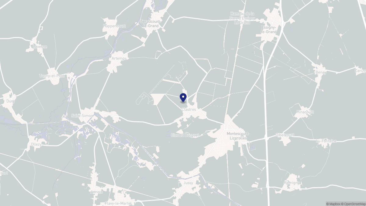 Aperçu cartographique de Clastres, centré sur la commune