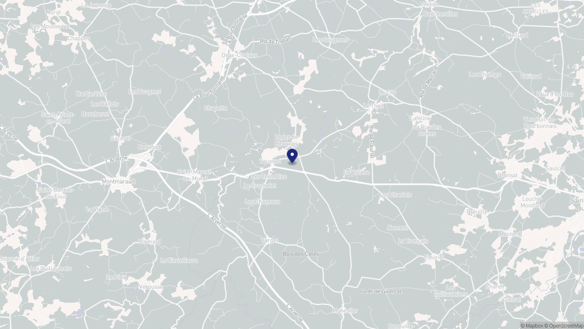 Aperçu cartographique de Voussac, centré sur la commune