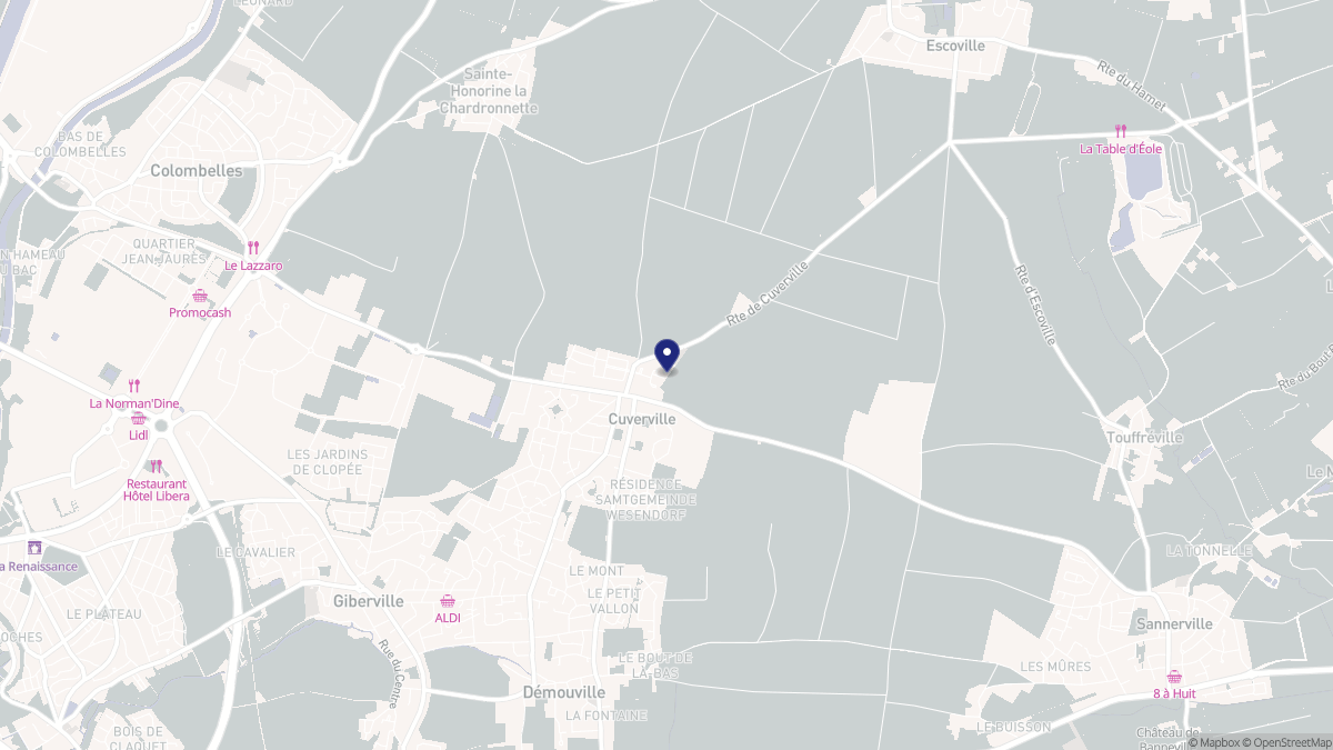 Aperçu cartographique de Cuverville, centré sur la commune