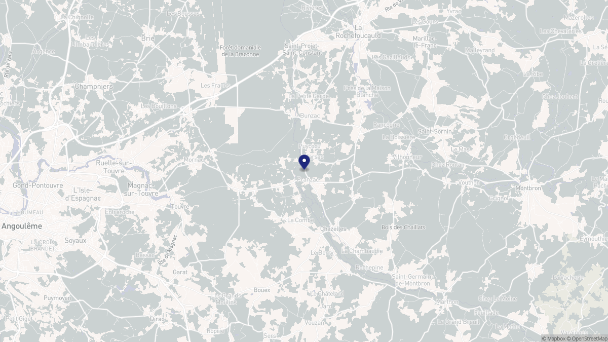 Aperçu cartographique de Pranzac, centré sur la commune