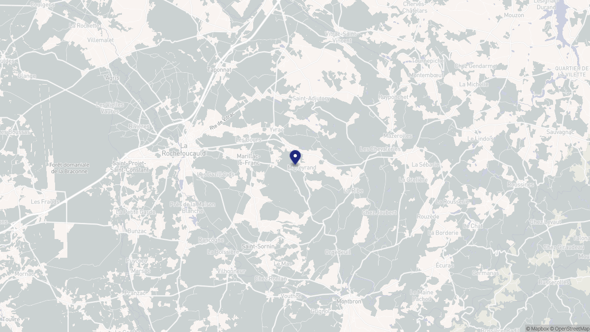 Aperçu cartographique de Yvrac-et-Malleyrand, centré sur la commune
