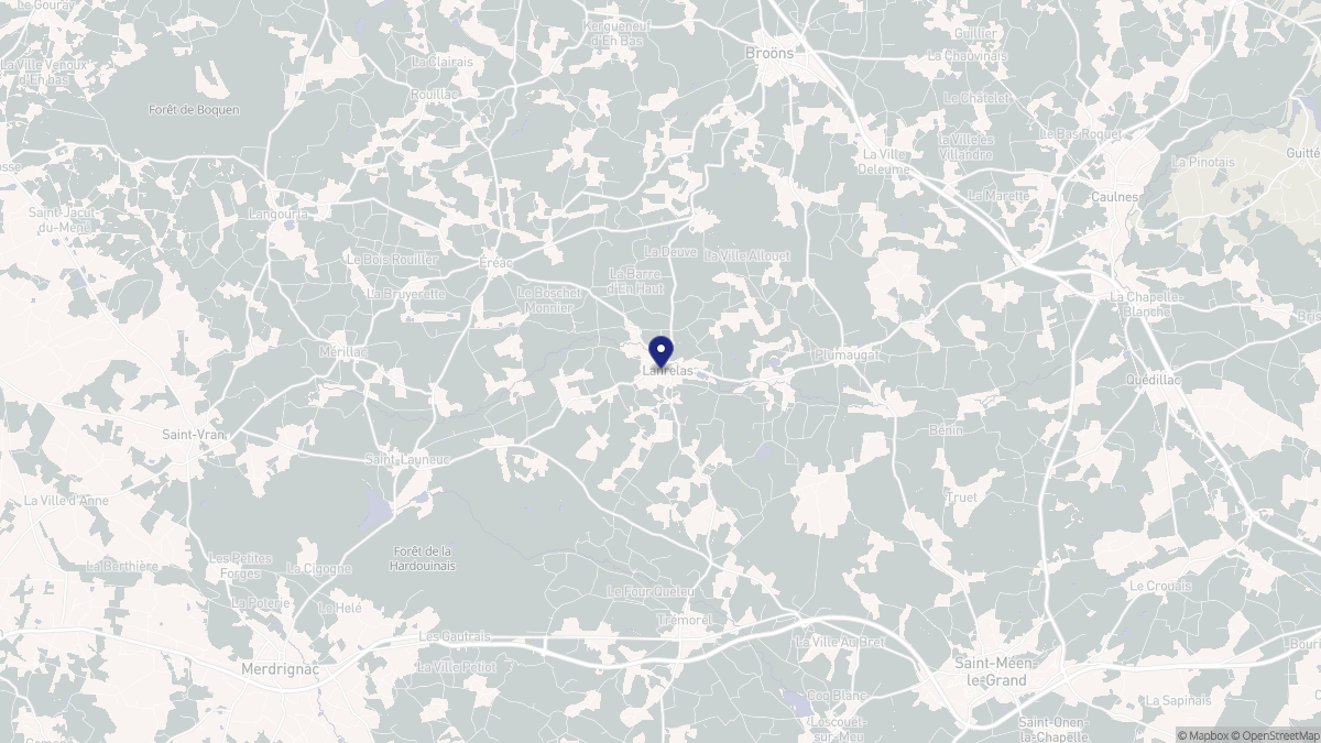 Aperçu cartographique de Lanrelas, centré sur la commune