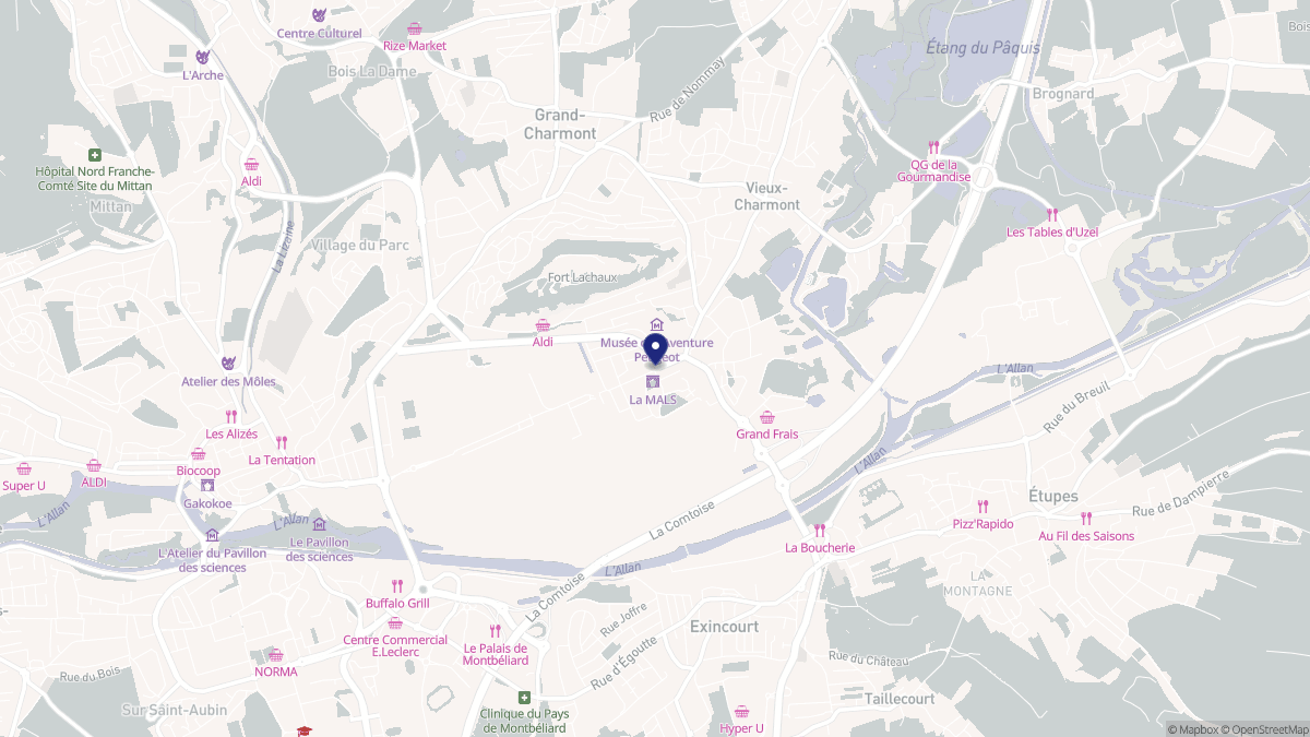 Aperçu cartographique de Sochaux, centré sur la commune