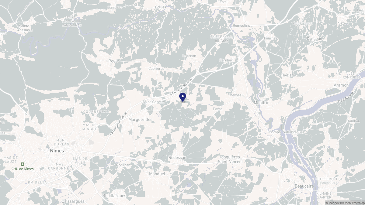 Aperçu cartographique de Bezouce, centré sur la commune