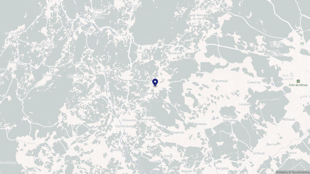 Aperçu cartographique de Souvignargues, centré sur la commune
