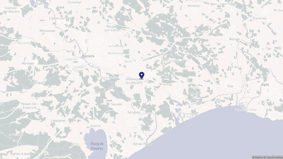 Aperçu cartographique de Villeneuve-lès-Béziers, centré sur la commune
