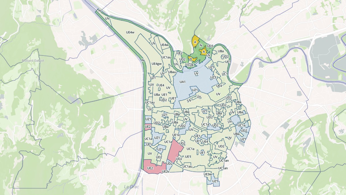 Aperçu cartographique de Grenoble, centré sur la commune