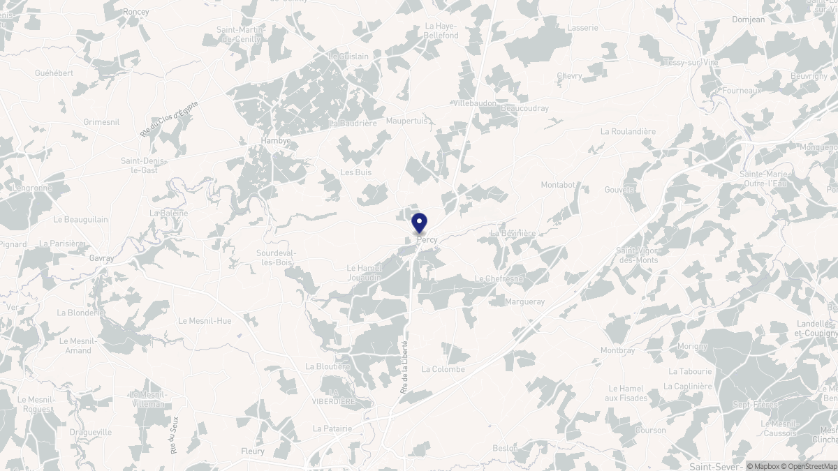 Aperçu cartographique de Percy-en-Normandie, centré sur la commune