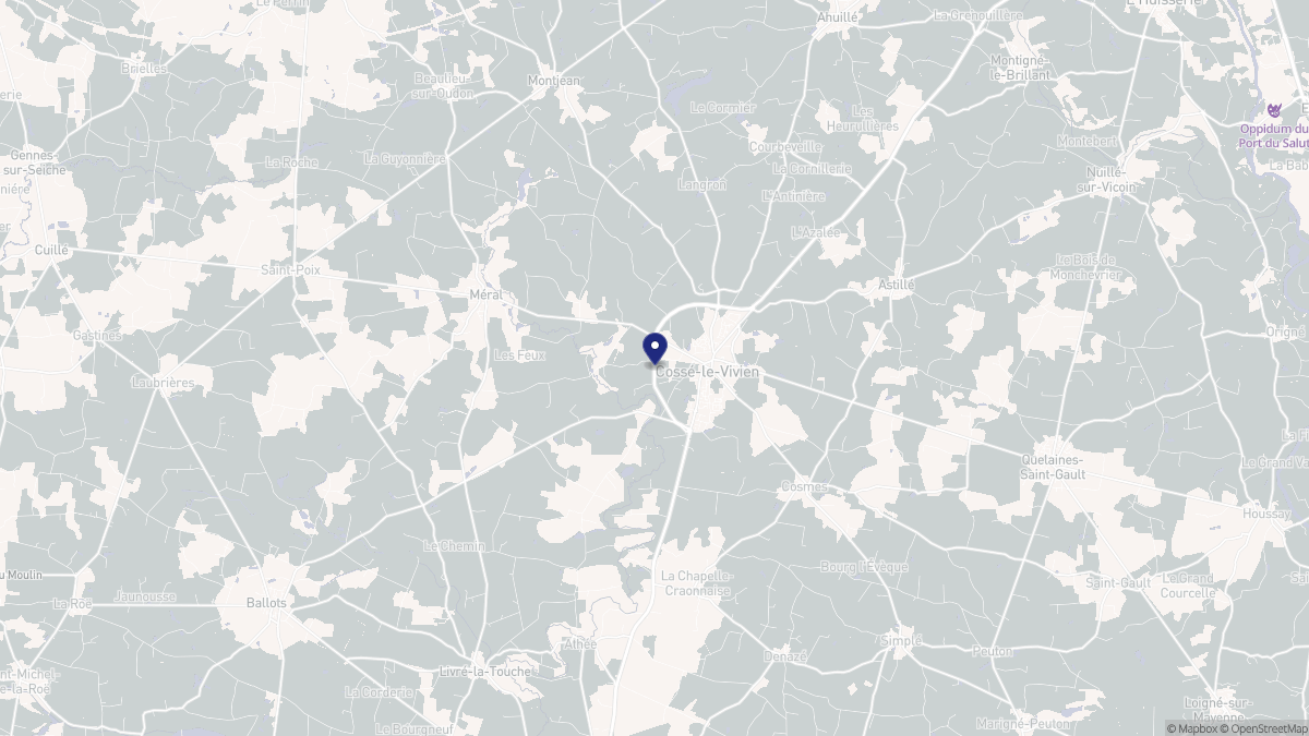 Aperçu cartographique de Cossé-le-Vivien, centré sur la commune