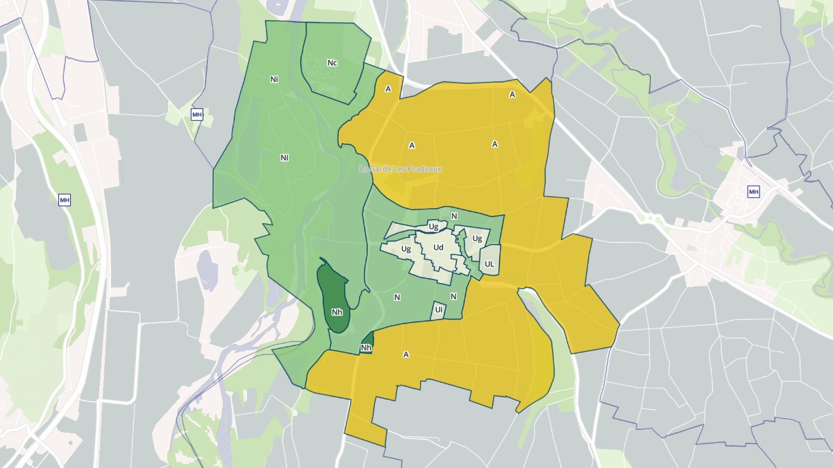 Aperçu cartographique de Les Pradeaux, centré sur la commune