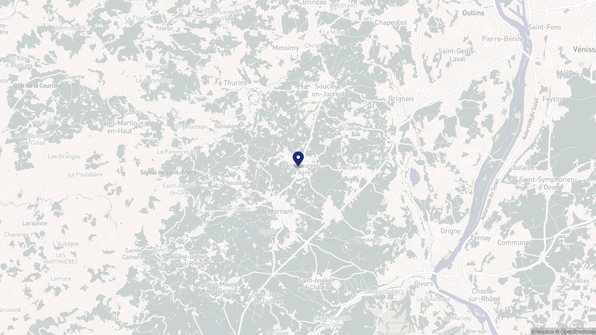 Aperçu cartographique de Saint-Laurent-d'Agny, centré sur la commune