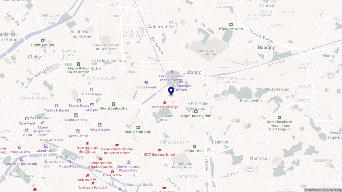 Aperçu cartographique de Paris 19e Arrondissement, centré sur la commune