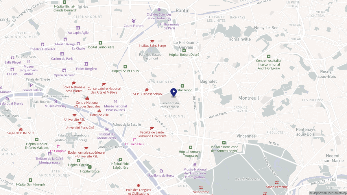 Aperçu cartographique de Paris 20e Arrondissement, centré sur la commune