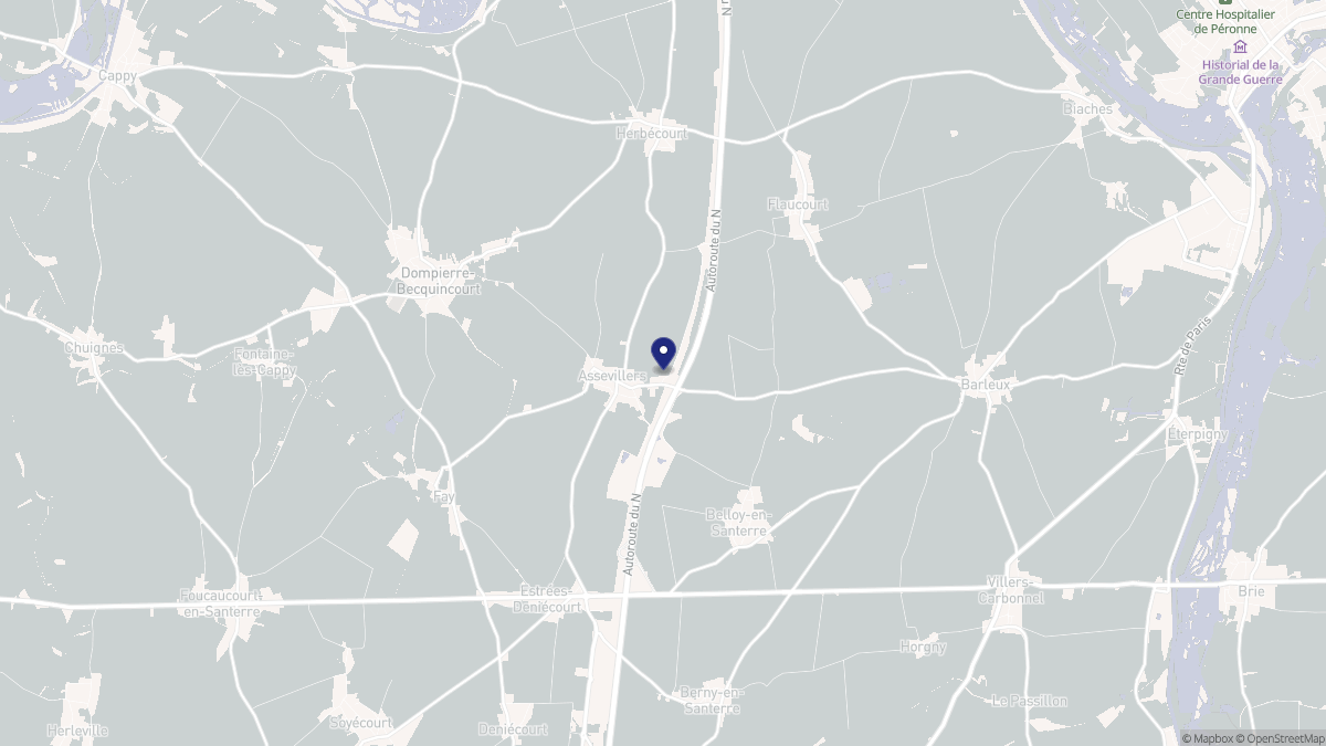 Aperçu cartographique de Assevillers, centré sur la commune