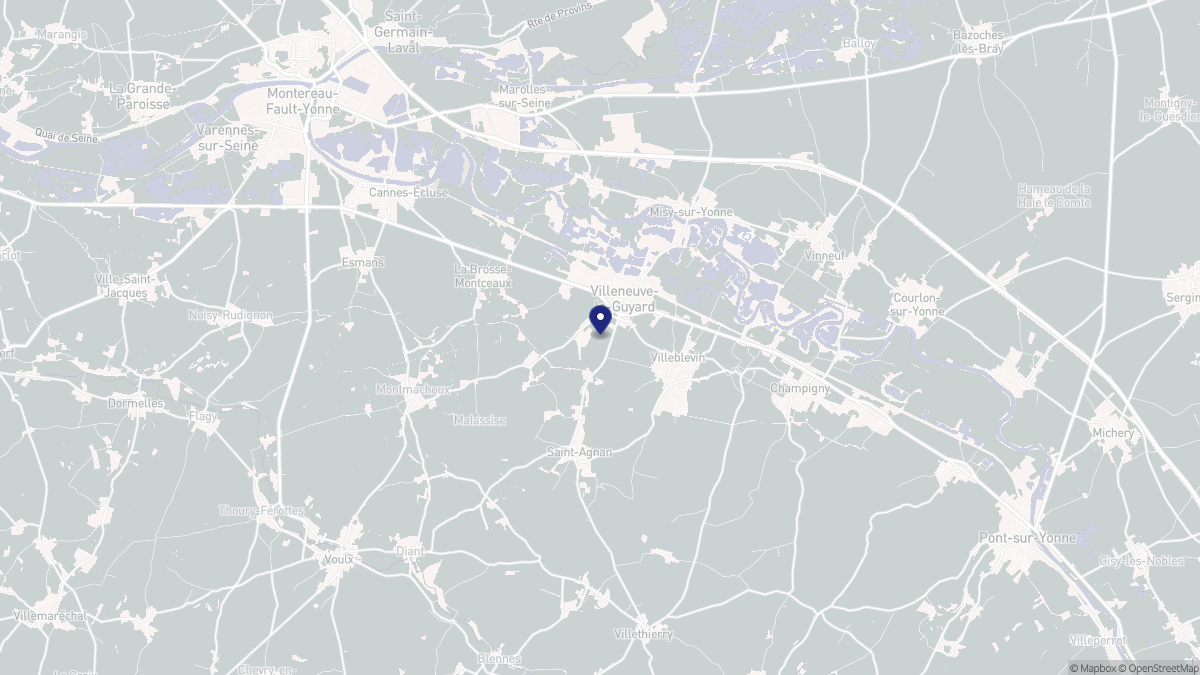 Aperçu cartographique de Villeneuve-la-Guyard, centré sur la commune