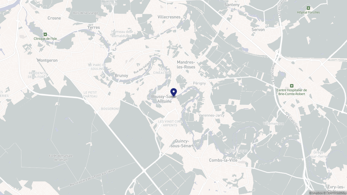 Aperçu cartographique de Boussy-Saint-Antoine, centré sur la commune