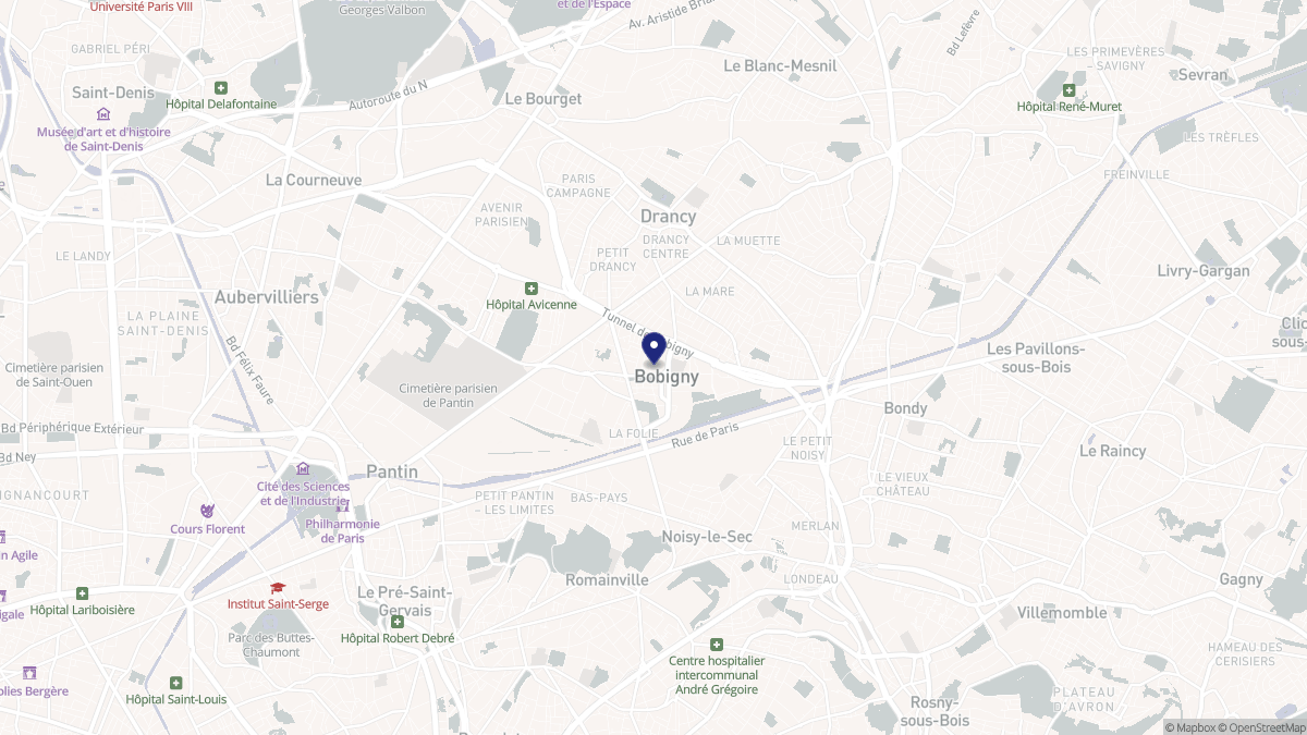 Aperçu cartographique de Bobigny, centré sur la commune